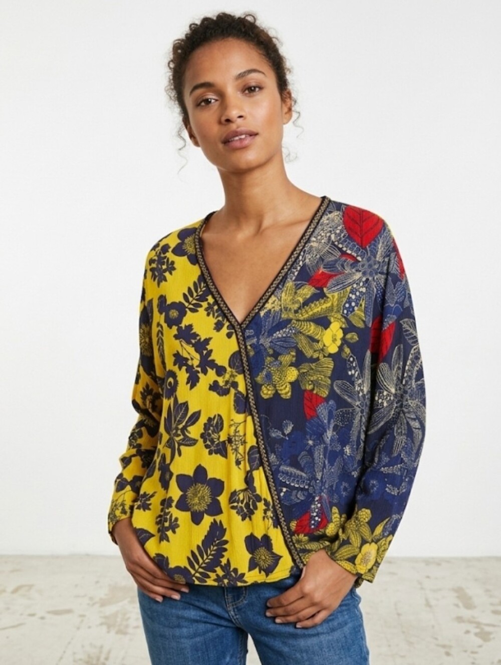 Desigual Floral Split Design Bold Mixed Pattern Dolman Sleeve V-Neck Top Large